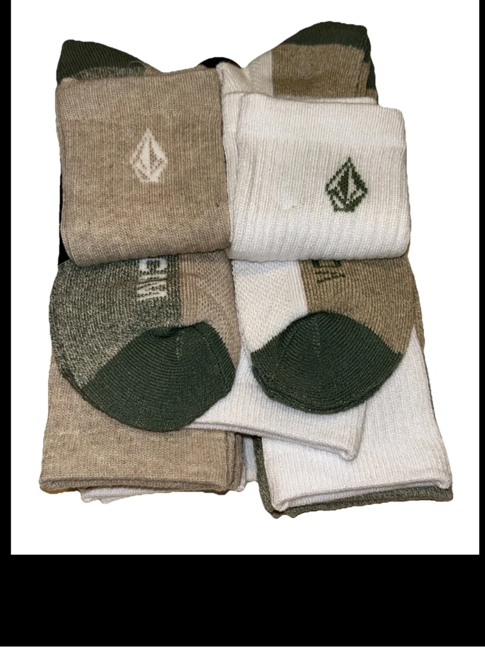 Volcom Cushioned Crew Socks 8 Pair Men 6-12 White Brown Green w Logos Ride NEW!